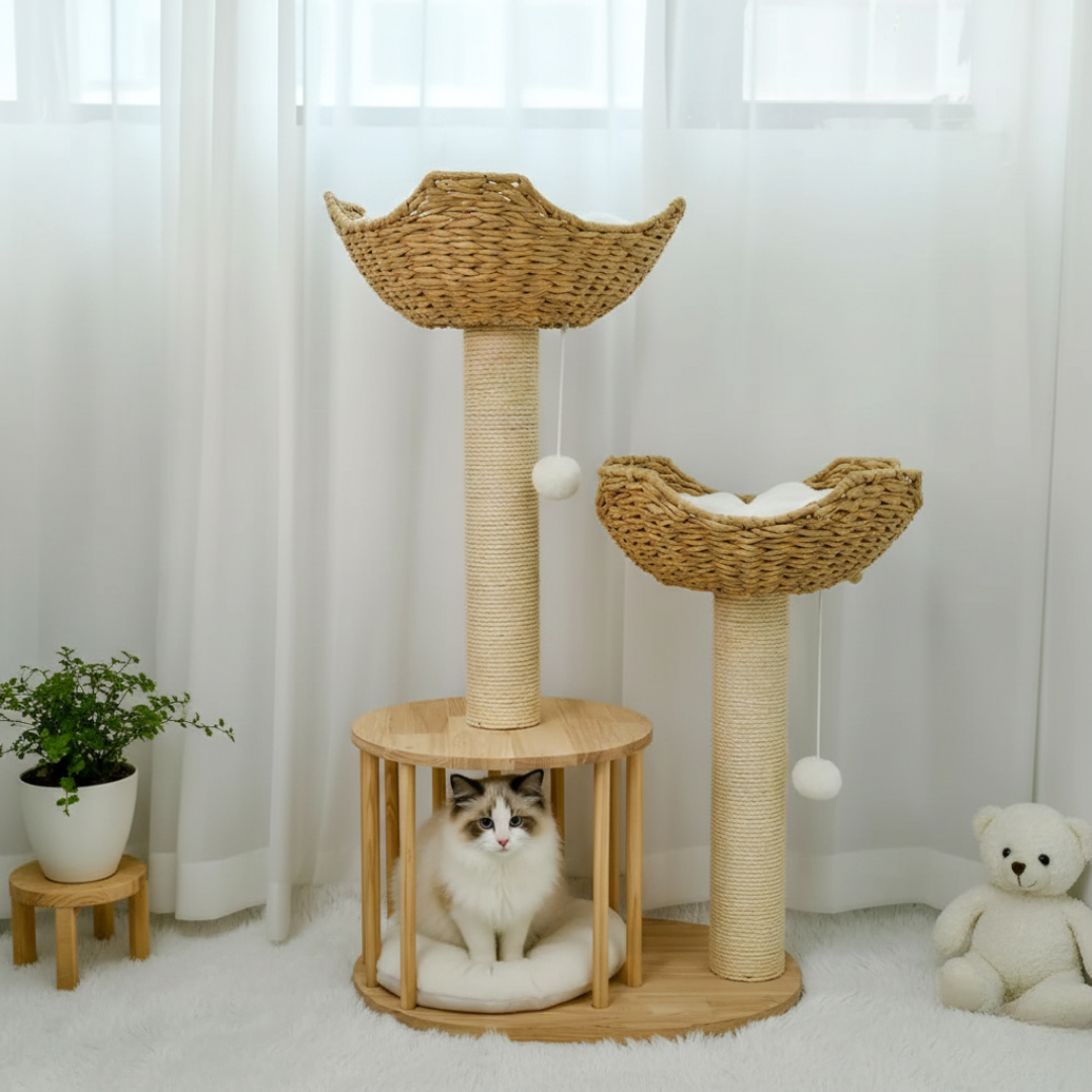 Arbre à chat multi-niveaux 3 niveaux  avec perche, corde en sisal et poteaux à griffer .