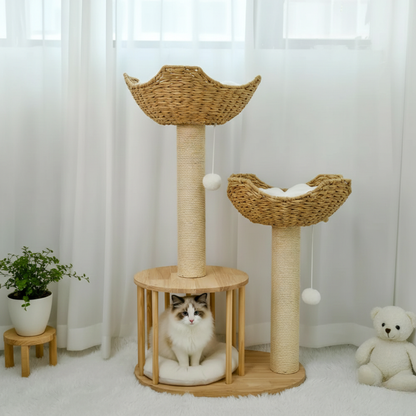 Arbre à chat multi-niveaux 3 niveaux  avec perche, corde en sisal et poteaux à griffer .