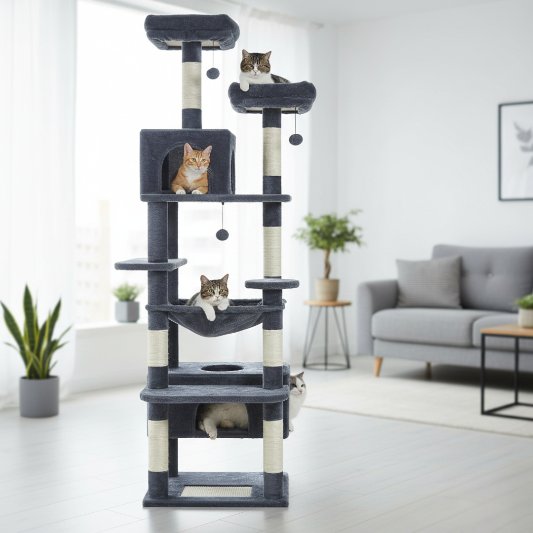 Arbre à chat multi-niveaux 136 cm ChatJoyeux avec niches, hamac et poteaux à griffer