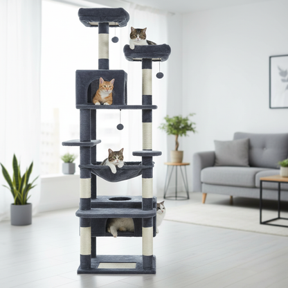 Arbre à chat multi-niveaux 136 cm ChatJoyeux avec niches, hamac et poteaux à griffer