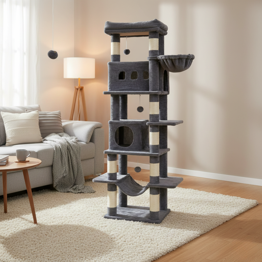 Arbre à chat multi-niveaux 170 cm avec plateformes, niches et poteaux à griffer