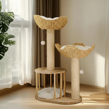 Arbre à chat multi-niveaux 3 niveaux  avec perche, corde en sisal et poteaux à griffer .