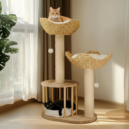 Arbre à chat multi-niveaux 3 niveaux  avec perche, corde en sisal et poteaux à griffer .