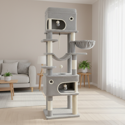Arbre à chat multi-niveaux 178 cm avec plateformes, grottes et poteaux à griffer
