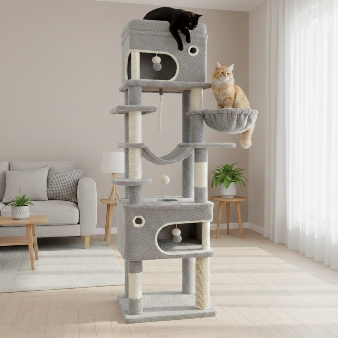 Arbre à chat multi-niveaux 178 cm avec plateformes, grottes et poteaux à griffer