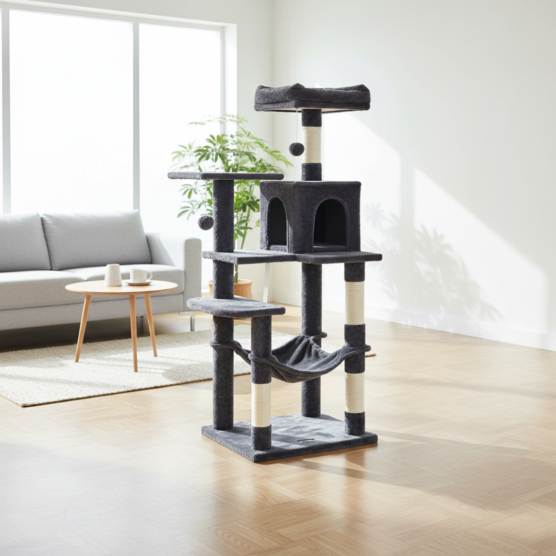 Arbre à chat multi-niveaux 143 cm avec niche, hamac et poteaux à griffer