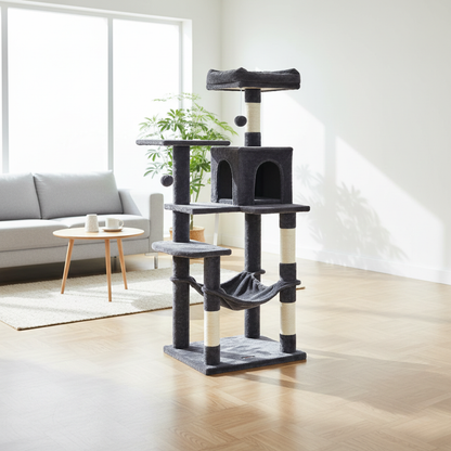 Arbre à chat multi-niveaux 143 cm avec niche, hamac et poteaux à griffer