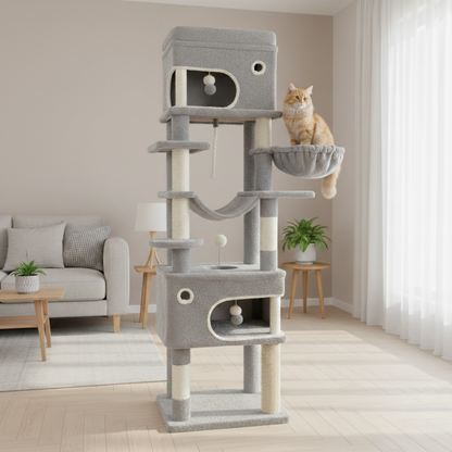 Arbre à chat multi-niveaux 178 cm avec plateformes, grottes et poteaux à griffer