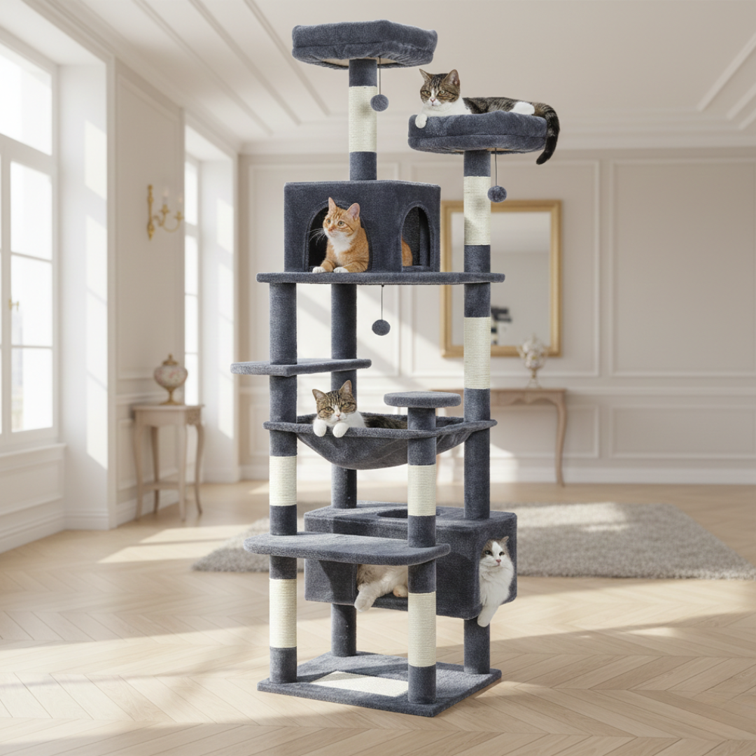 Arbre à chat multi-niveaux 136 cm ChatJoyeux avec niches, hamac et poteaux à griffer