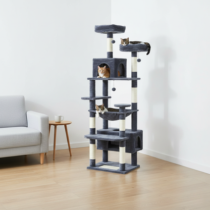 Arbre à chat multi-niveaux 136 cm ChatJoyeux avec niches, hamac et poteaux à griffer