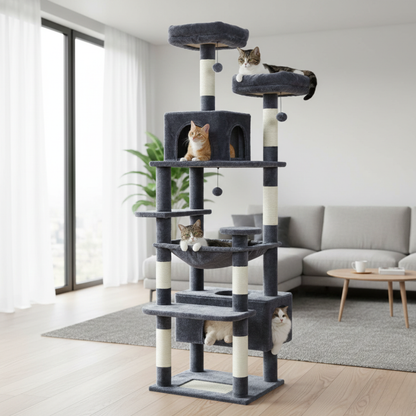 Arbre à chat multi-niveaux 136 cm ChatJoyeux avec niches, hamac et poteaux à griffer