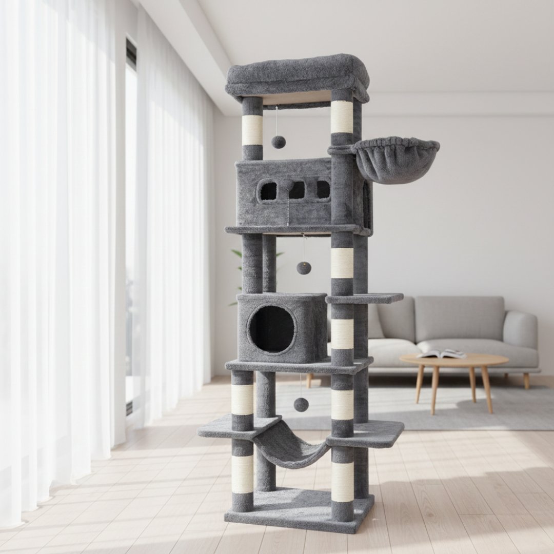 Arbre à chat multi-niveaux 170 cm avec plateformes, niches et poteaux à griffer