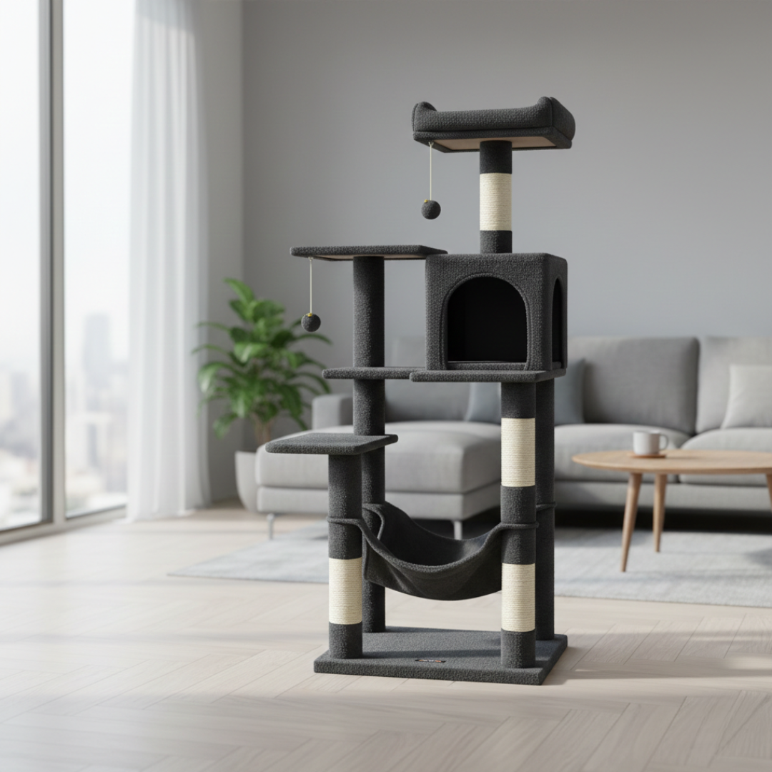 Arbre à chat multi-niveaux 143 cm avec niche, hamac et poteaux à griffer