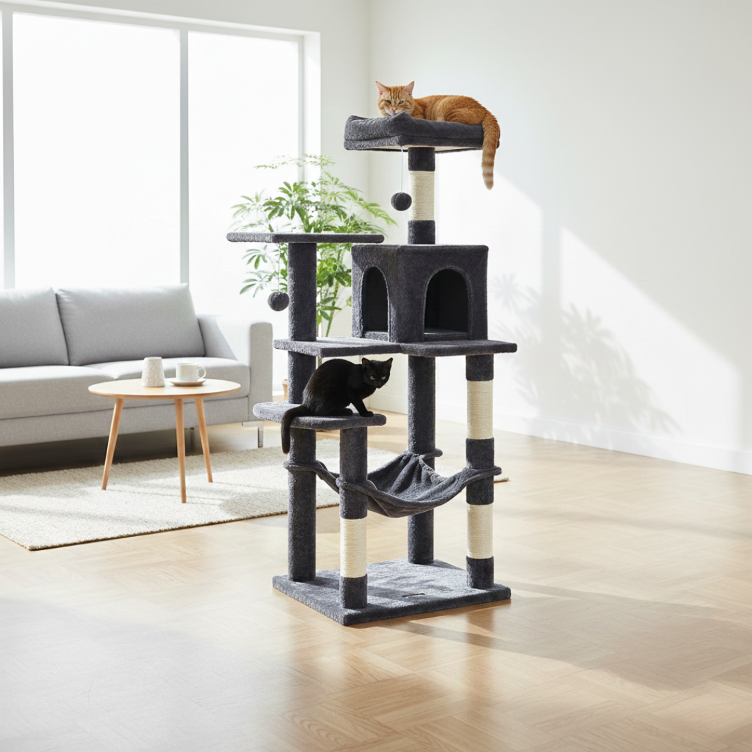 Arbre à chat multi-niveaux 143 cm avec niche, hamac et poteaux à griffer