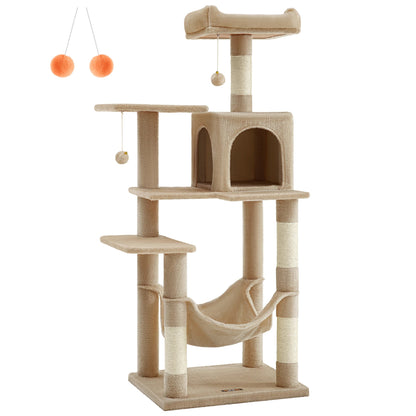 Arbre à chat multi-niveaux 143 cm avec niche, hamac et poteaux à griffer